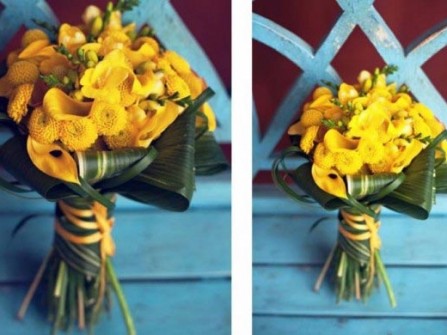 Hoa cưới cầm tay màu vàng kết từ hoa loa kèn