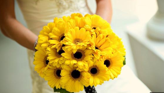 Hoa cưới cầm tay màu vàng kết từ hoa cúc đồng tiền