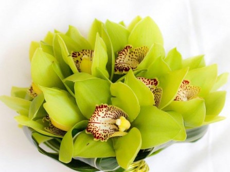Hoa cưới cầm tay màu xanh lá kết hợp với hoa địa lan