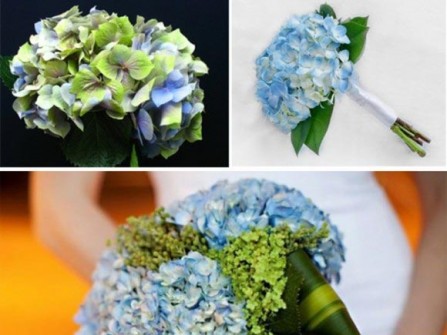Hoa cưới cầm tay màu xanh dương với lá thiết mộc lan