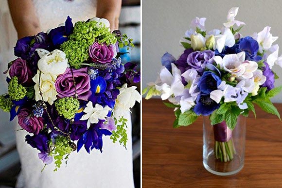 Hoa cưới cầm tay màu xanh dương kết từ nhiều loại hoa