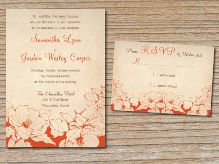 Thiệp cưới đẹp màu cam hoa văn đơn giản