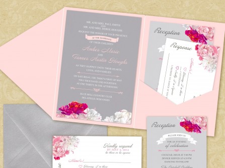 Thiệp cưới đẹp màu hồng in hoa cẩm chướng