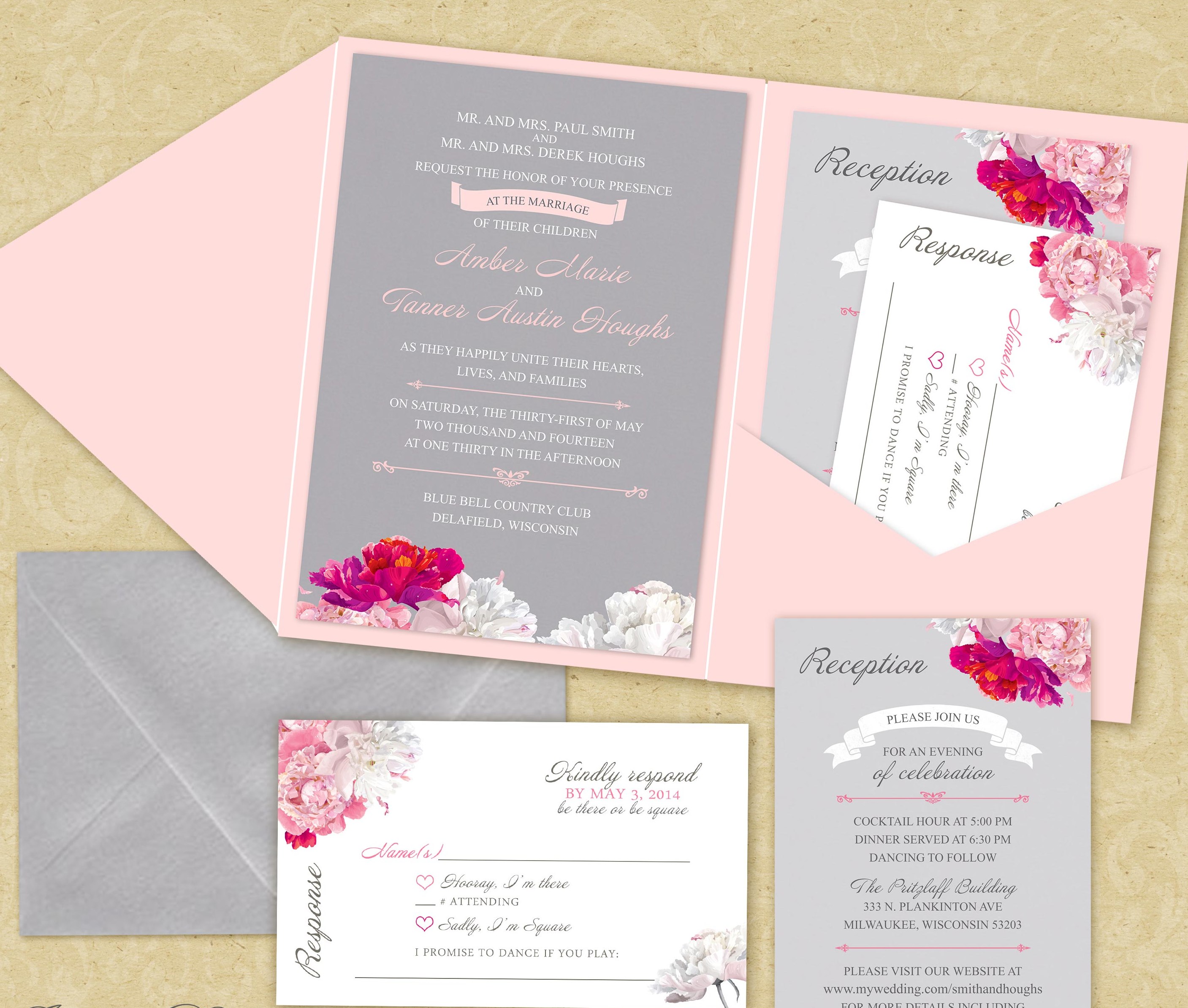 Thiệp cưới đẹp màu hồng in hoa cẩm chướng