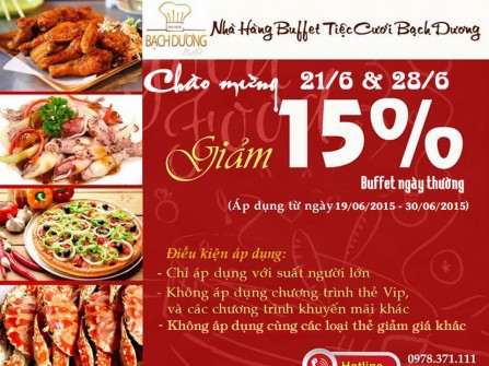 Khuyến mại buffet Bạch Dương từ 19/06 - 30/06/2015: Giảm 15% buffet 