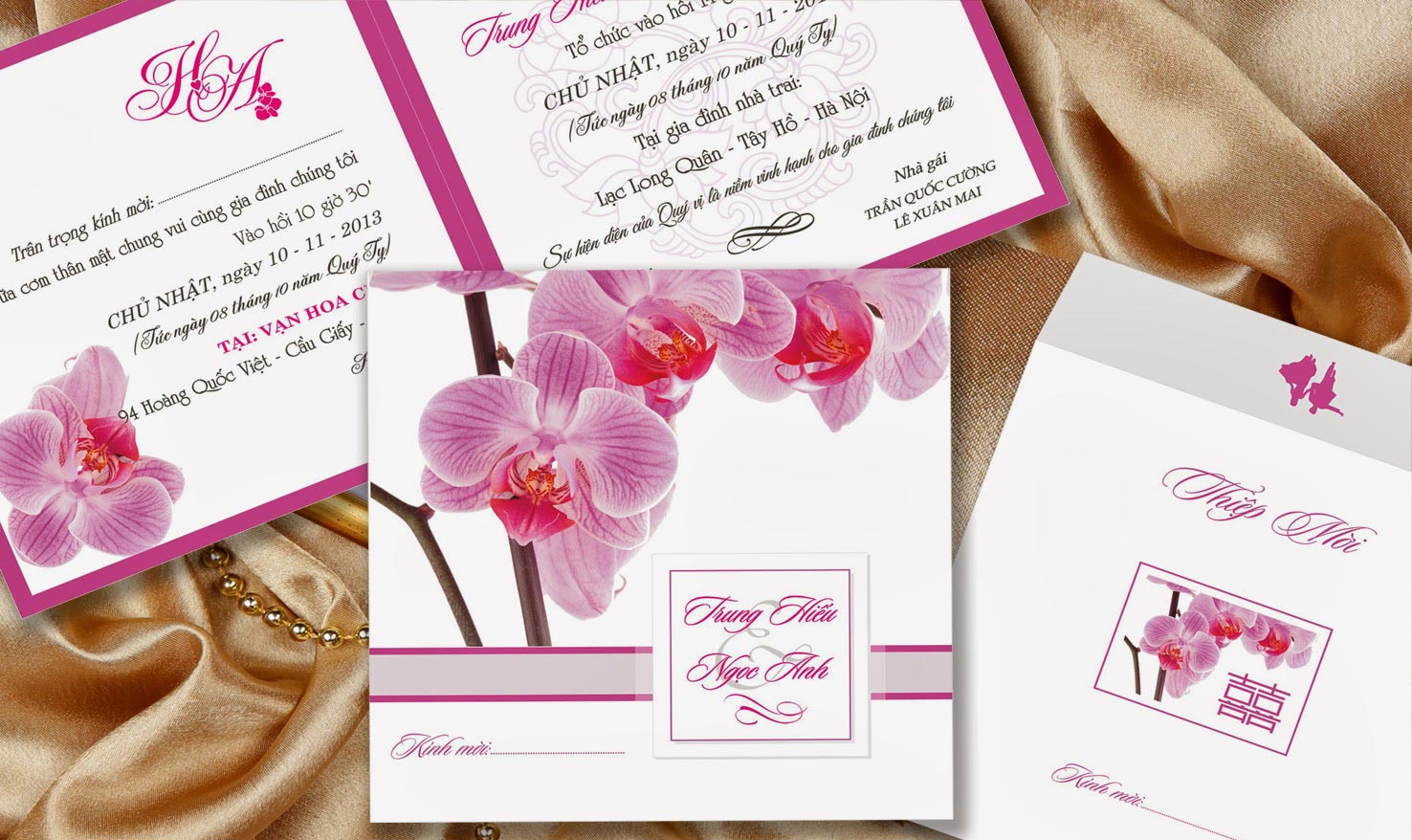 Thiệp cưới đẹp màu tím hình hoa phong lan