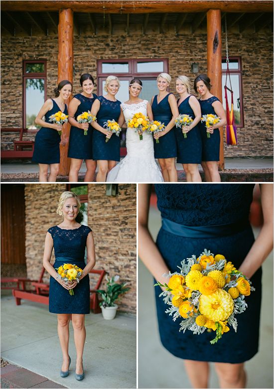 Váy phụ dâu màu xanh dương chất ren hoa cầm tay màu vàng