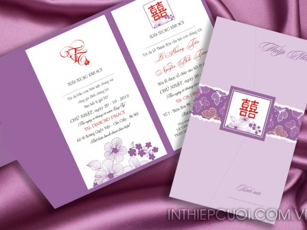 Thiệp cưới đẹp màu tím in chữ song hỷ 