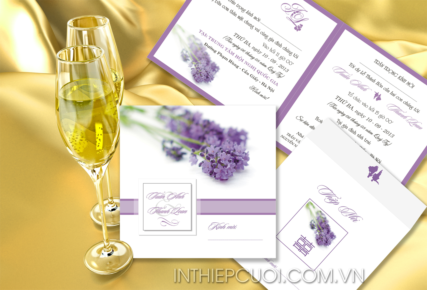 Thiệp cưới đẹp màu tím in hình hoa oải hương