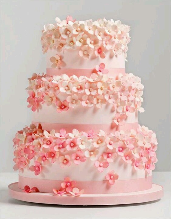 Bánh cưới trắng trang trí nhiều hoa nhỏ màu hồng
