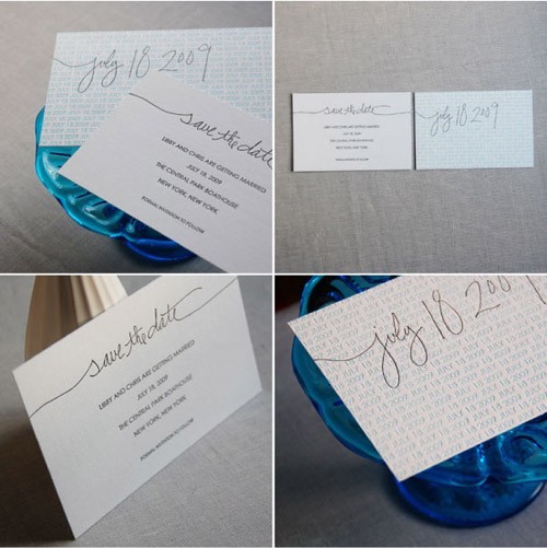 Thiệp cưới đẹp màu xanh dương phông nền chữ in mờ