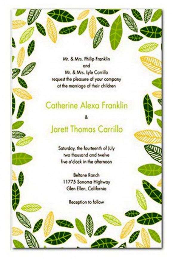 Thiệp cưới đẹp màu xanh lá in họa tiết lá cây