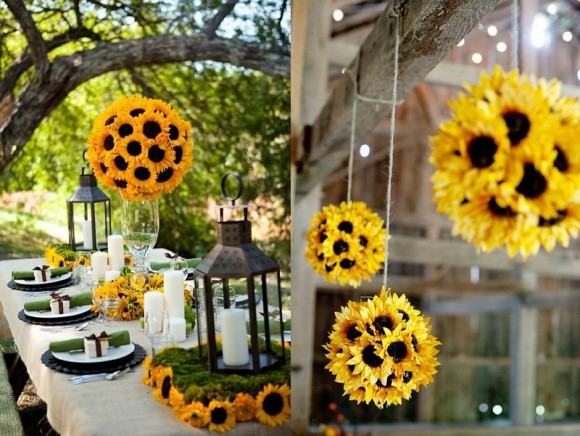 Hoa trang trí tiệc cưới kết hình cầu bằng hoa hướng dương