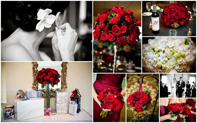Hoa trang trí đám cưới kết từ hồng nhung và đồng tiền đỏ