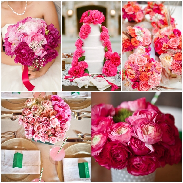 Hoa cưới trang trí màu hồng kết từ hoa hồng và mẫu đơn