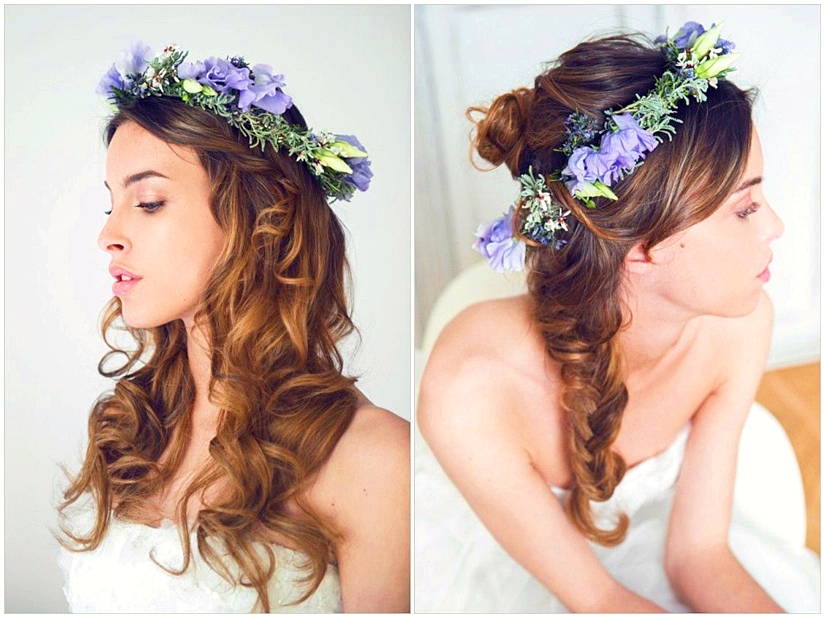 2 kiểu tóc cưới lãng mạn cùng vòng hoa tươi