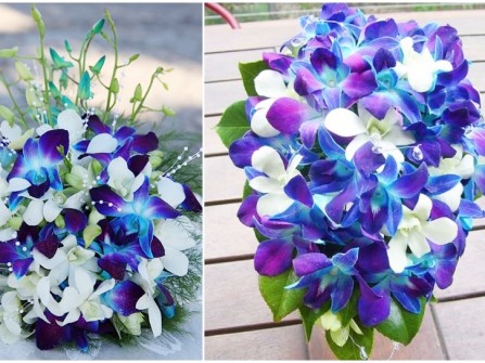 Hoa cưới trang trí màu xanh tím kết từ hoa lan