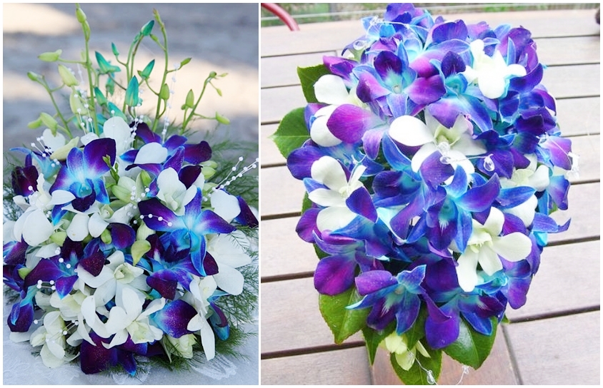 Hoa cưới trang trí màu xanh tím kết từ hoa lan