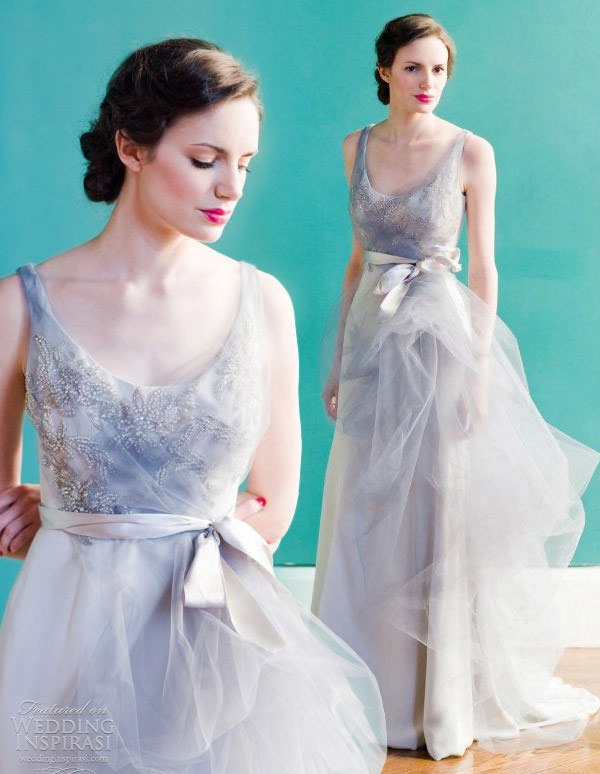 Váy cưới voan màu xanh pastel eo thắt nơ nữ tính