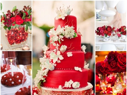 Bánh cưới màu đỏ kết hoa lan trắng thác đổ