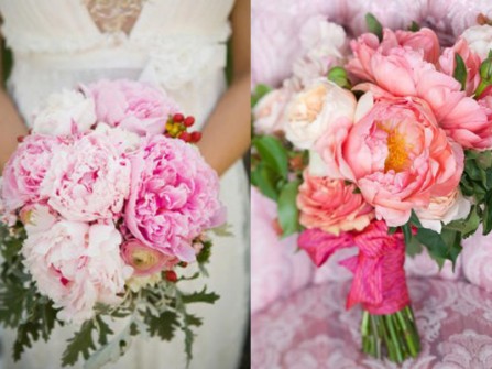 Hoa cưới cầm tay kết từ hoa mẫu đơn hồng đủ sắc