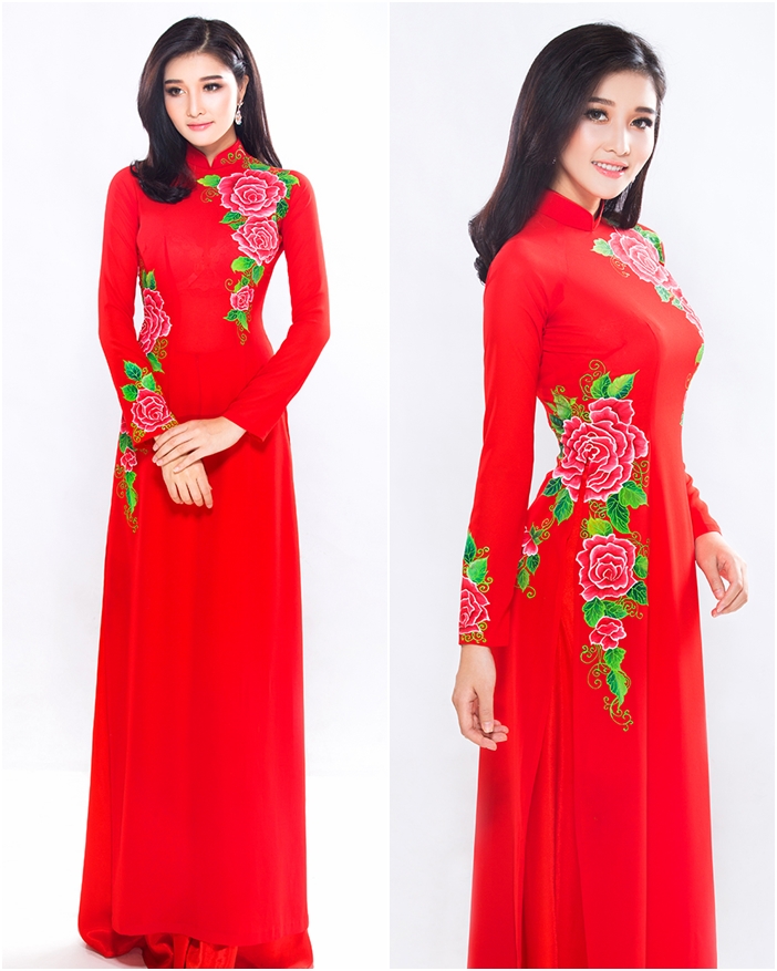Áo dài cưới đỏ truyền thống họa tiết hoa mẫu đơn