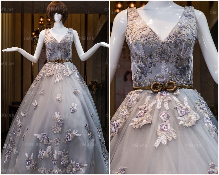 Váy cưới đẹp màu xám sang trọng thêu hoa nổi cầu kỳ