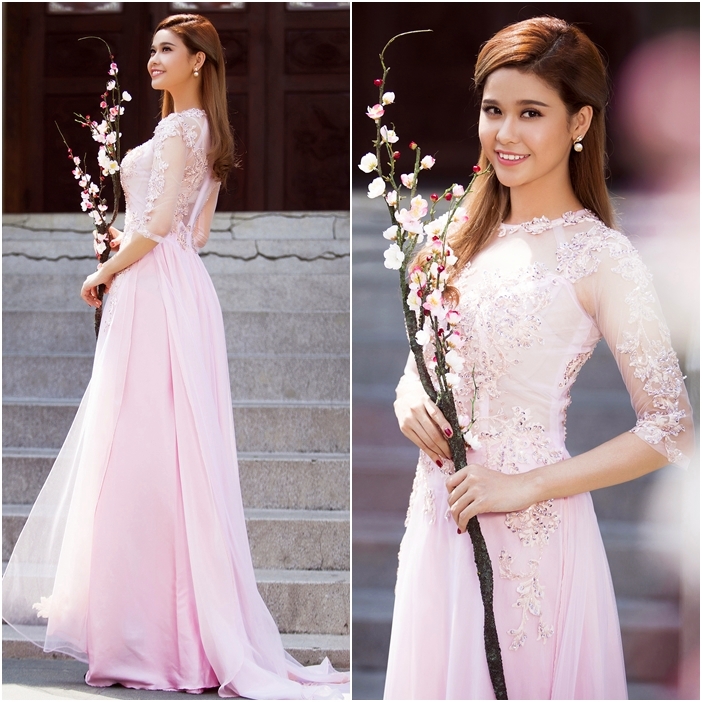 Áo dài cưới đẹp màu hồng phấn nhẹ nhàng