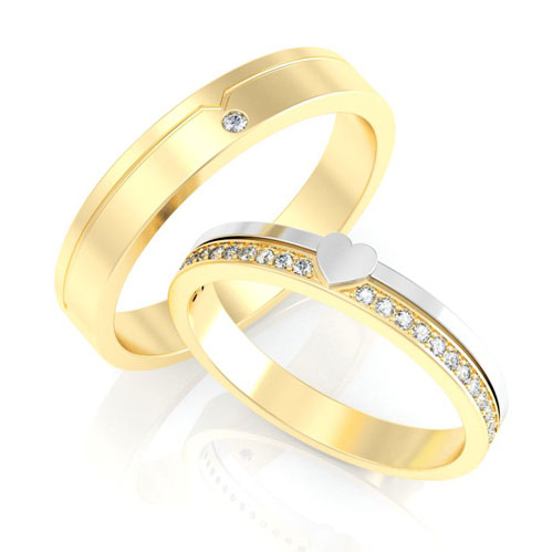 Nhẫn cưới vàng phối vàng trắng mặt khắc hình trái tim