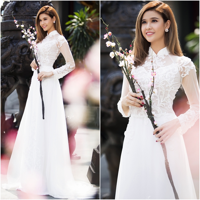 Áo dài cưới đẹp màu trắng chất voan phối ren hoa nổi