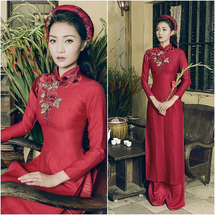 Áo dài cưới đẹp màu đỏ chất liệu lụa thô thêu hoa tinh tế
