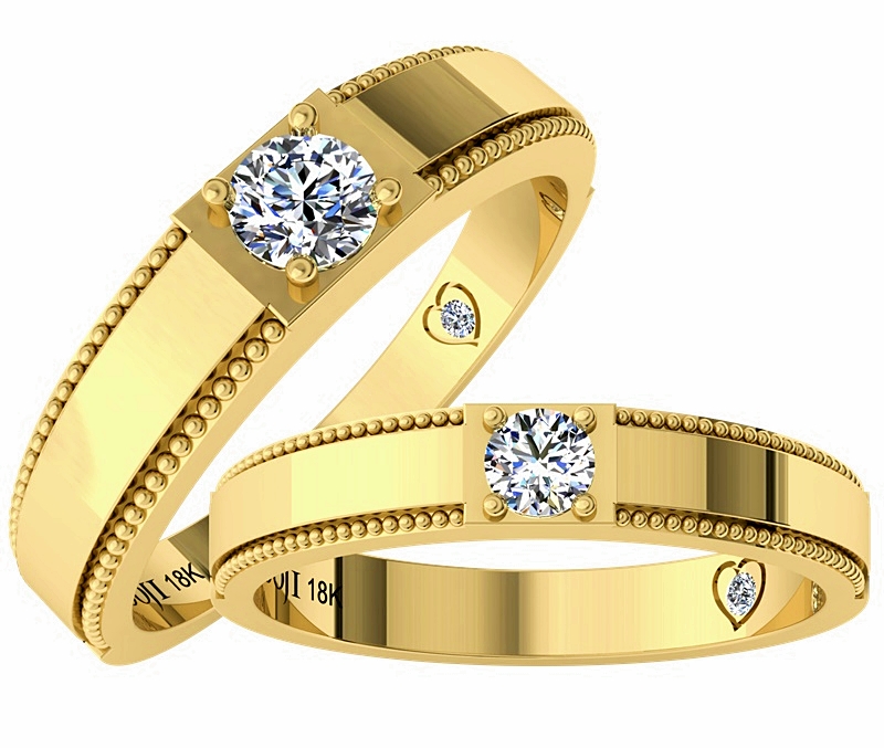 Nhẫn cưới vàng bản vuông đính kim cương tinh tế