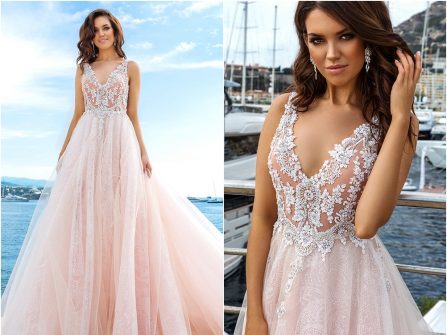 Váy cưới đẹp chất ren phối voan tông hồng pastel ngọt ngào
