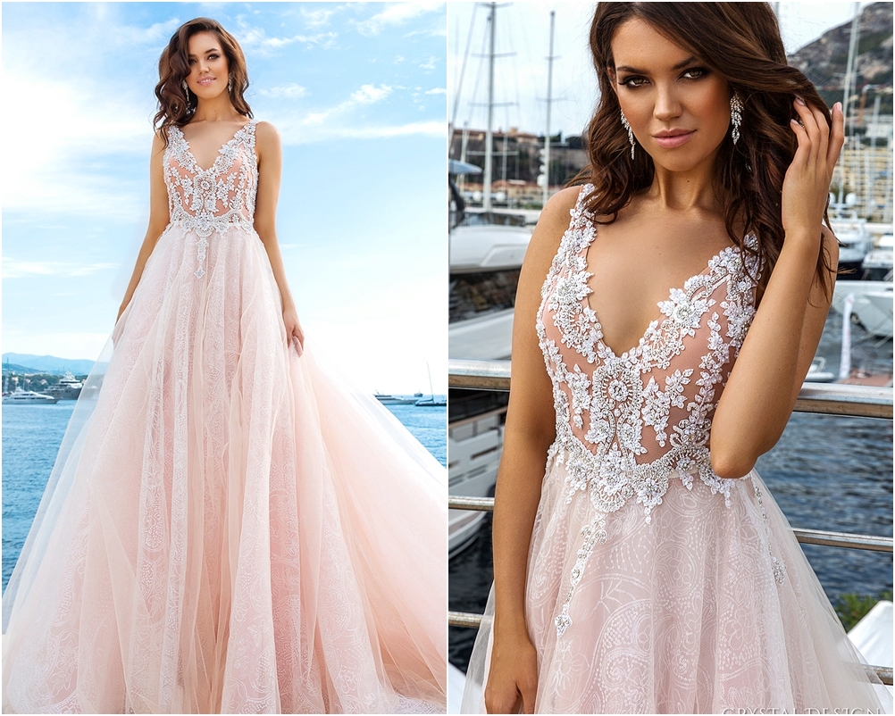 Váy cưới đẹp chất ren phối voan tông hồng pastel ngọt ngào