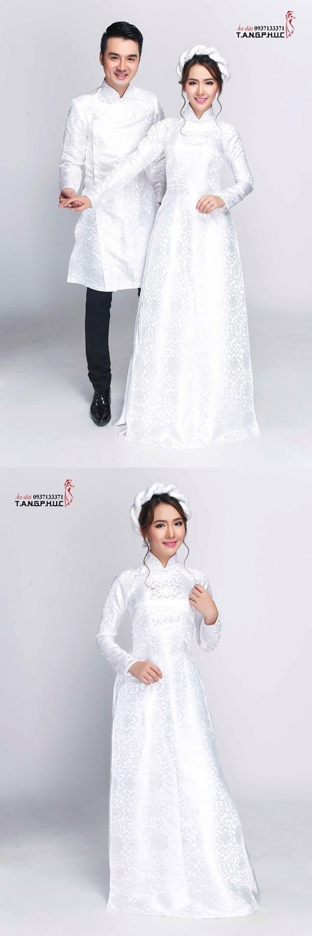 Áo dài cưới đẹp gấm trắng thanh nhã cho cặp đôi trẻ